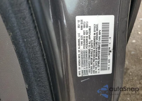 2012 Honda Odyssey Touring from USA, damaged, VIN 5FNRL5H97CB108412